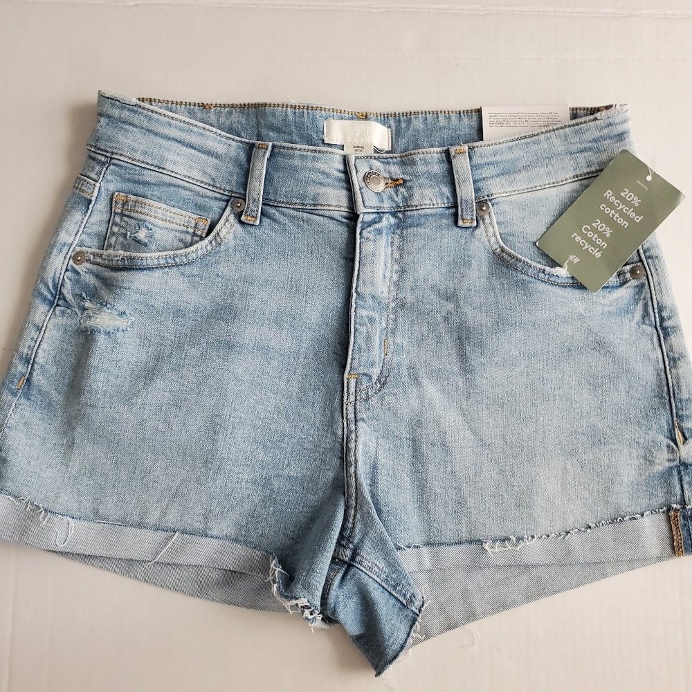 H&M Jean Shorts Womens 10 Stretch Cut offs Distressed Light Wash